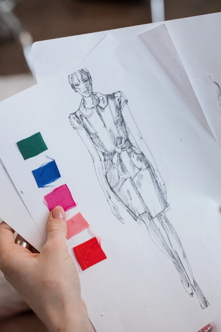 Fashion design sketch with fabric swatches for custom bandana development