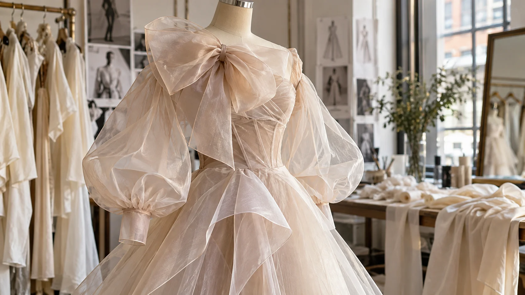 Organza dress with an oversized bow, puff sleeves, and layered panels on a dress form