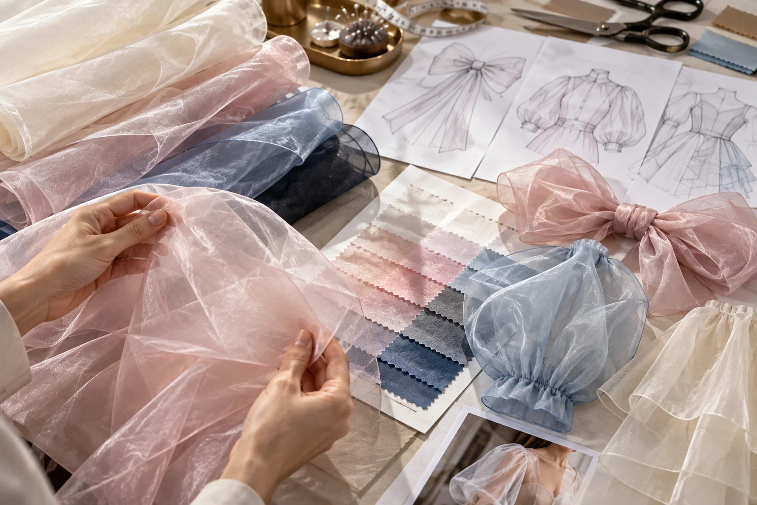 Organza fabric swatches with bow and puff sleeve samples beside garment design sketches